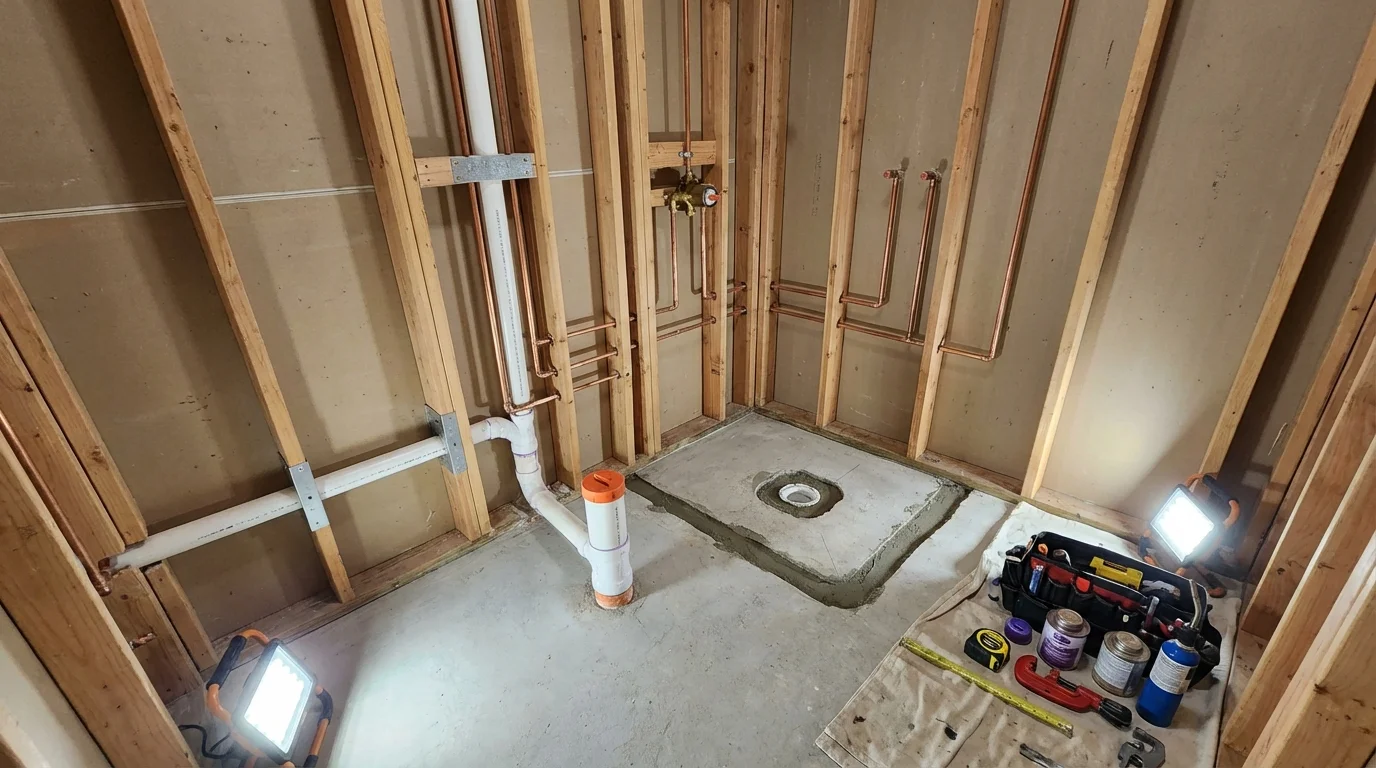 Bathroom rough-in plumbing during remodel by Johns Plumbing LLC in Eupora