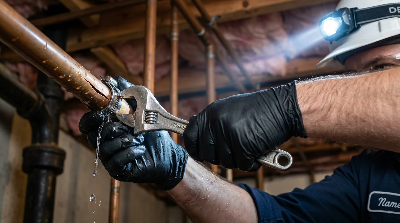Emergency pipe clamp repair being performed by a Johns Plumbing LLC plumber in Eupora