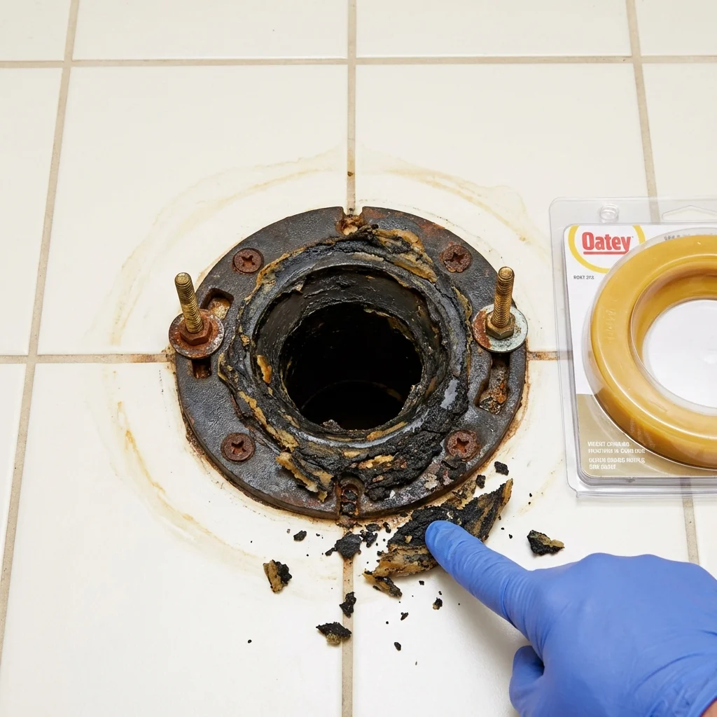 Failed wax ring showing water seepage at the base of a toilet in a Eupora, MS home